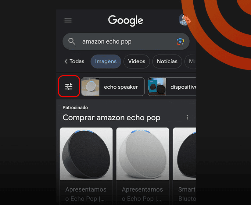 Como achar imagens sem direitos autorais no google Creative commons t alt tela de pesquisa de imagens de produtos com botão em destaque, no canto esq. Da imagem