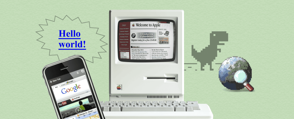 Como achar imagens sem direitos autorais no google Google imagens t alt sub ilustração que mostra computador antigo ao centro, com fundo verde e tela de celular (à esq. ) mostrando o logo do goolge 2