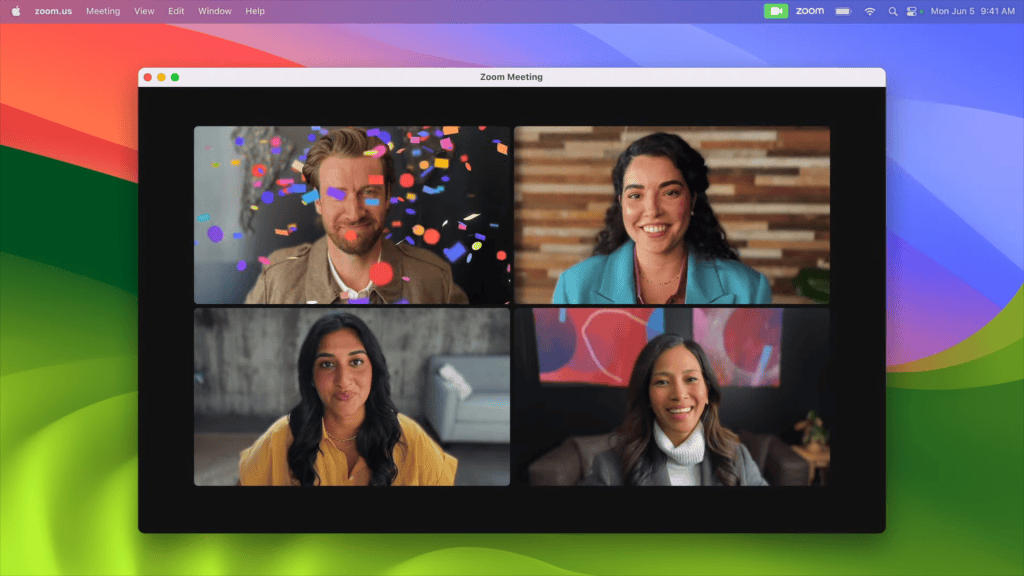 Pessoas em reunião virtual celebrando com confetes, tecnologia de vídeo chamada, inovação digital, comunicação online.