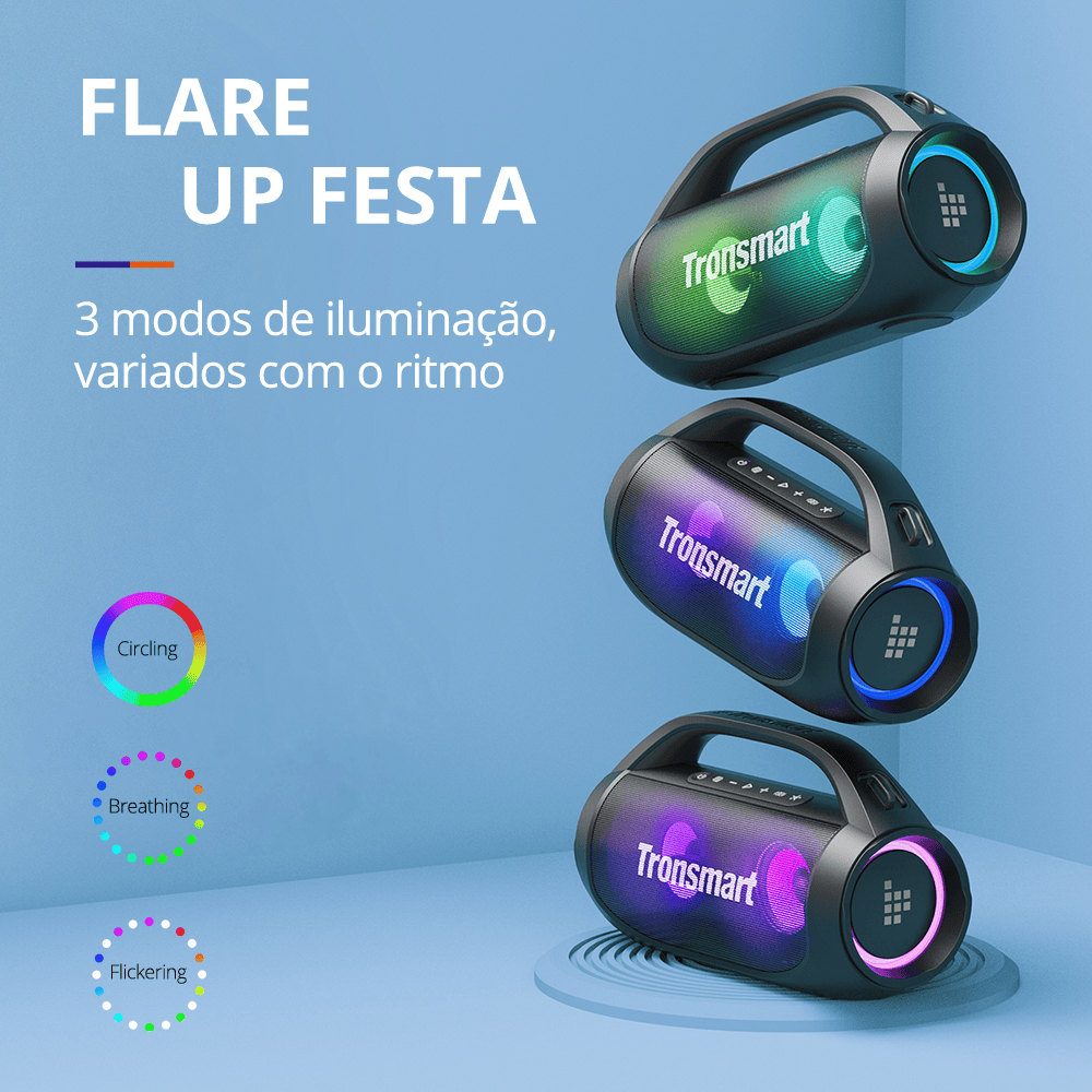 Promoção 618 aliexpress: caixas de som tronsmart a partir de r$ 86! Imagem do alto-falante com as luzes led coloridas pulsando ao ritmo da música. Imagem: tronsmart