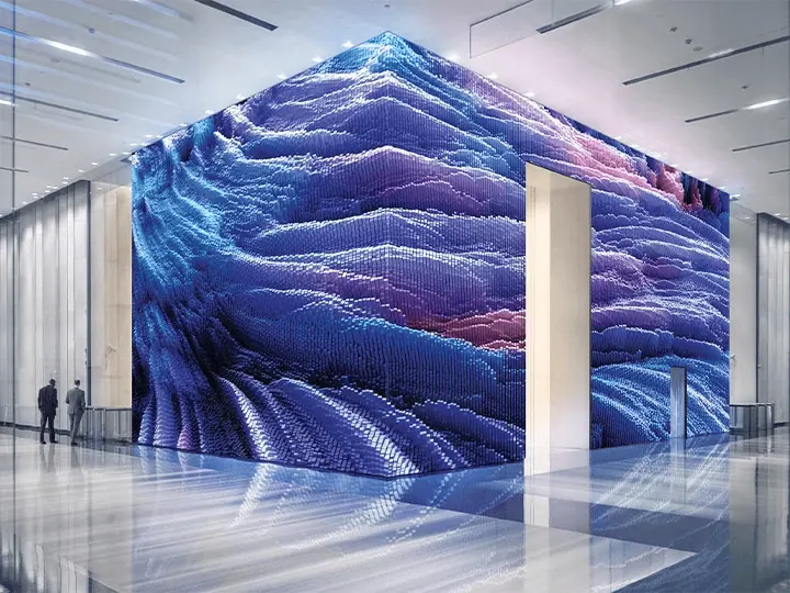 Entenda as telas micro led Exemplo de como a the wall pode ser modulada como parte de um interior corporativo. Imagem: samsung