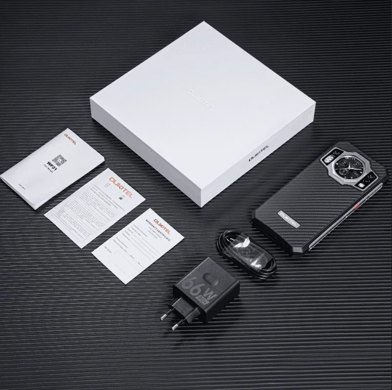 Promoção oukitel wp21, o smartphone com tela traseira sempre ligada Smartphone rugged duxtel com câmera avançada, carregador e acessórios na embalagem original.