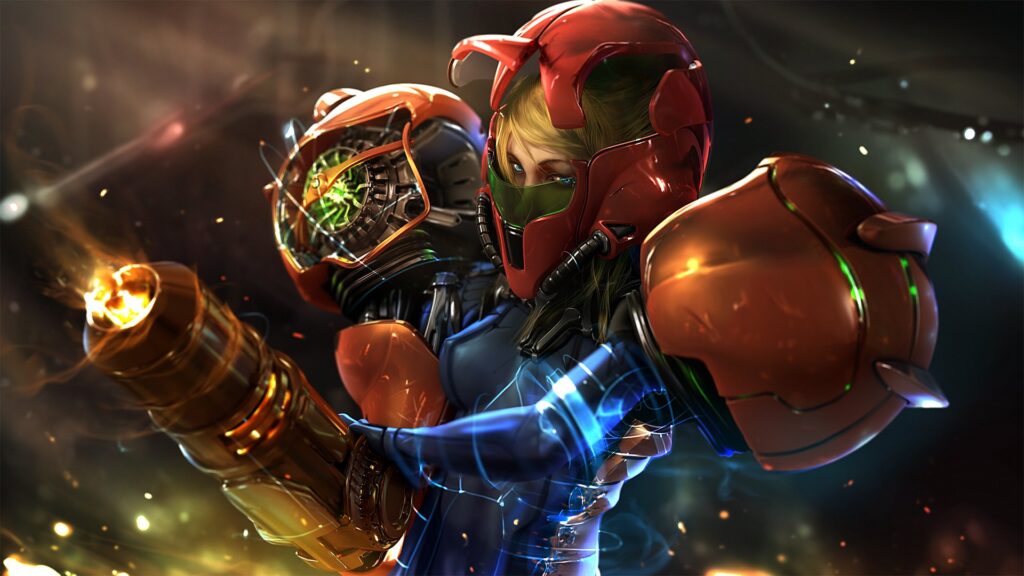 Imagem de samus aran em sua armadura com os olhos aparecendo.