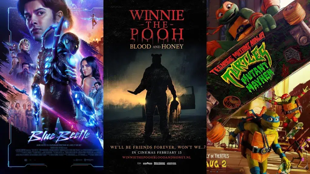 Pôsteres de alguns dos principais lançamentos do cinema em agosto — besouro azul, pooh: sangue e mel e as tartarugas ninja: caos mutante