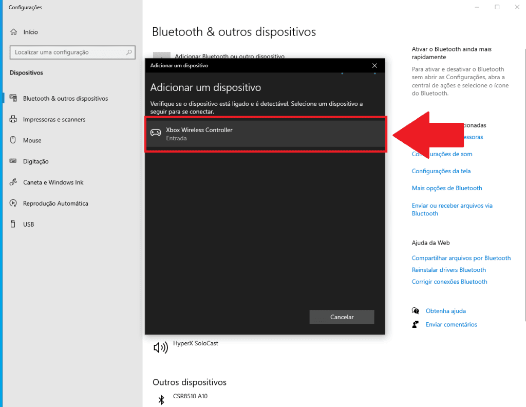 Como usar o controle do xbox no pc Selecione o xbox wireless controller