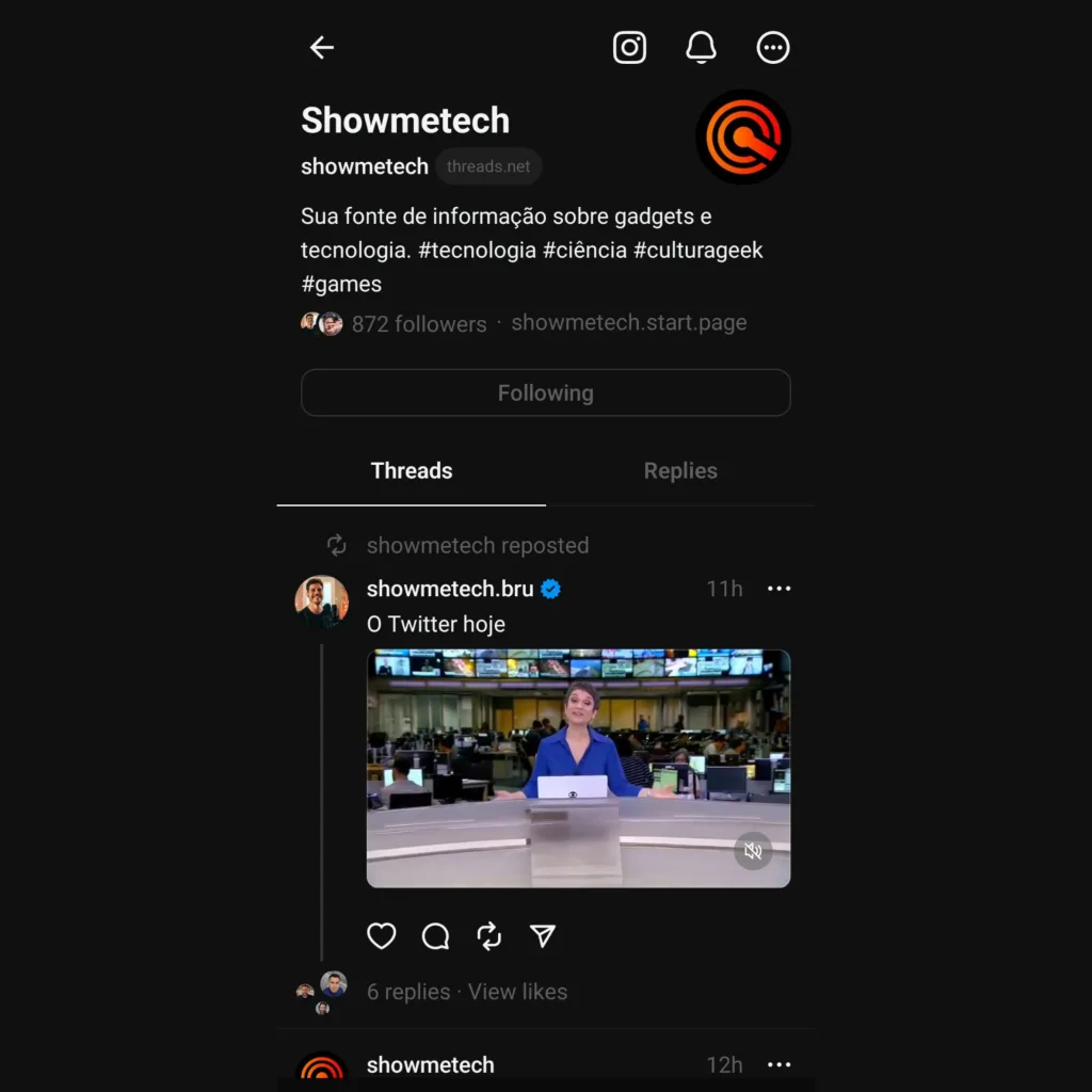 Captura de tela do perfil do showmetech no threads