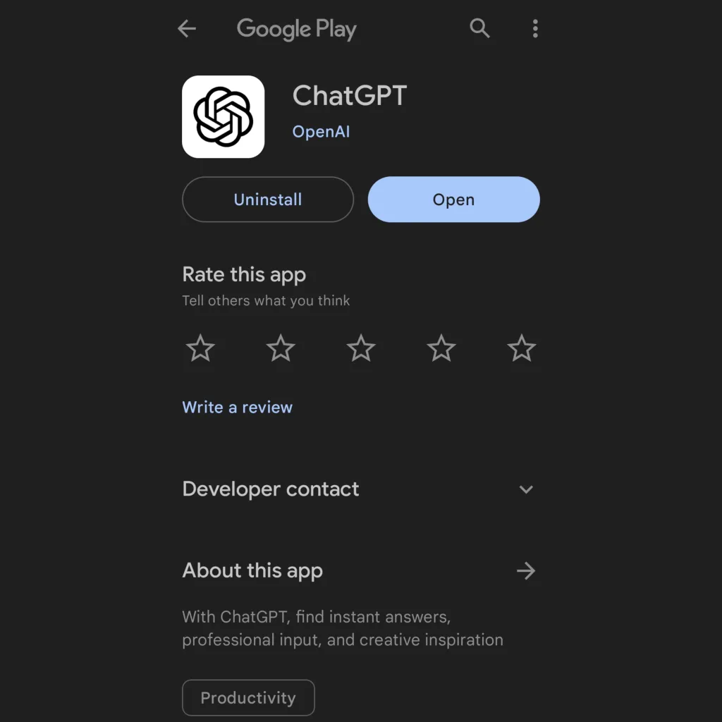 Captura de tela do aplicativo do chatgpt para android