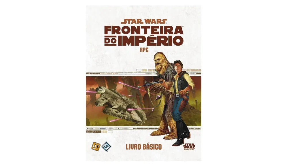 Capa do livro de rpg star wars: fronteira do império. Na ilustração, a direita, está o personagem han solo e chewbacca. A esquerda está a nave espacial.