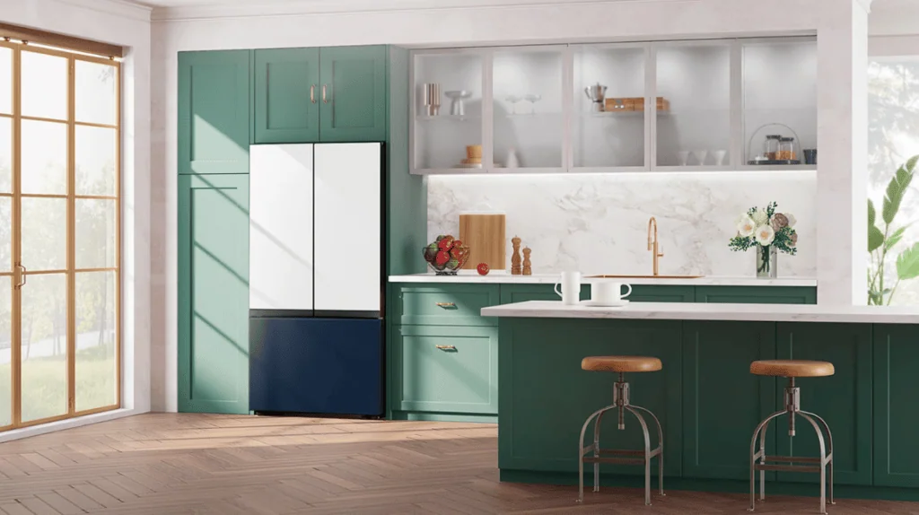 Samsung traz geladeira bespoke com tela de 8" ao brasil Bespoke french door 3 portas instalada em uma cozinha