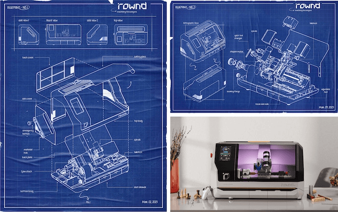 Rownd cnc é uma impressora 3d com design cyberpunk 2077 Projetos em cad sub 2 projeto visto em fundo azul, mostrando detalhes do desenho que envolve todo o torno, em vários ângulos