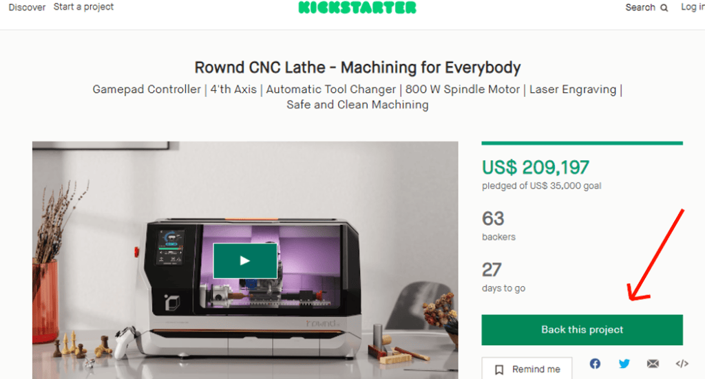 Rownd cnc é uma impressora 3d com design cyberpunk 2077 O torno cnc tem diferentes níveis de apoio na página do kickstarter, que tem botão logo no início, para ver os valores de suporte ao financiamento da máquina (captura de tela: jefferson tafarel). T alt