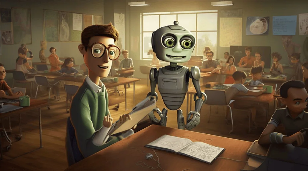 מיקרוסופט מציעה קורס AI בחינם עם תעודה מסוק צעצוע של בית ספר עם מורים ותלמידים בכיתה מודרנית.