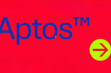 Aptos logo em fundo vermelho com seta indicativa, tecnologia blockchain e criptomoedas.