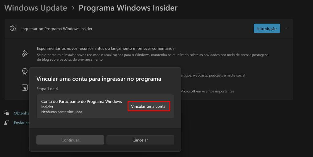 Segundo passo para cadastro no programa windows insider