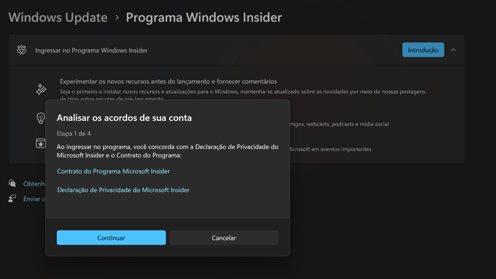 Terceiro passo para cadastro no programa windows insider