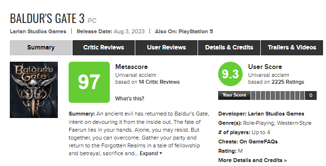 Avaliações gerais de baldur's gate 3 - baldur's gate 3 é o jogo bem mais avaliado do ano segundo o metacritic