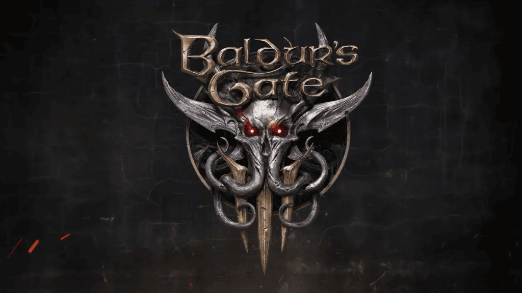 1. Logo de baldur's gate com dragão e olhos vermelhos, fundo escuro, destaque em jogos de rpg.
