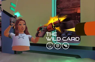 Mocinha com arma em jogo de tiro futurista, destaque para tecnologia e entretenimento digital.