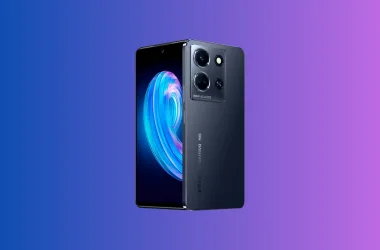 Smartphone infinix note 30 5g em fundo gradiente rosa e azul