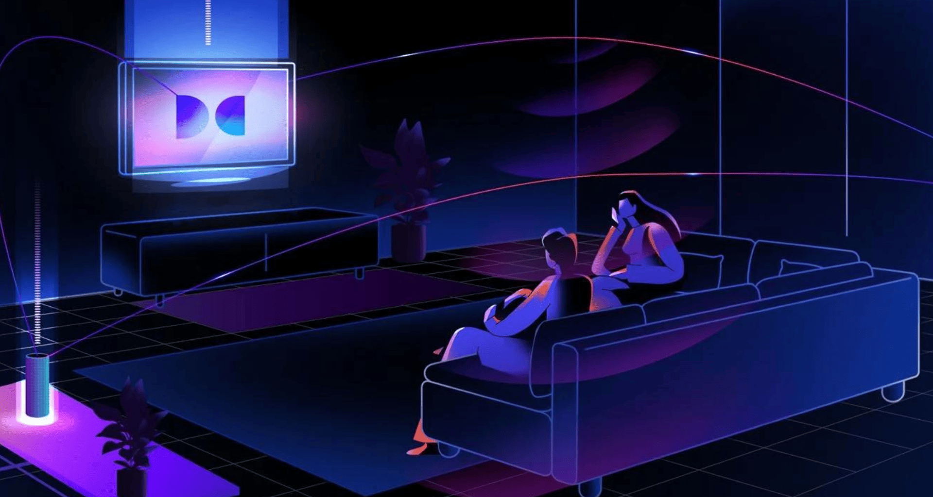 Nachtelijke hemel met neonlichten en mensen die naar futuristische digitale tv kijken.