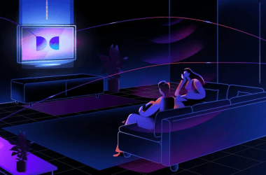 Céu noturno com luzes de neon e pessoas assistindo tv em estilo digital futurista.
