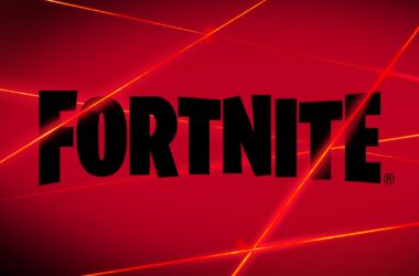 Ferrari fortnite com logo em fundo vermelho e linhas de luz laranja brilhantes.