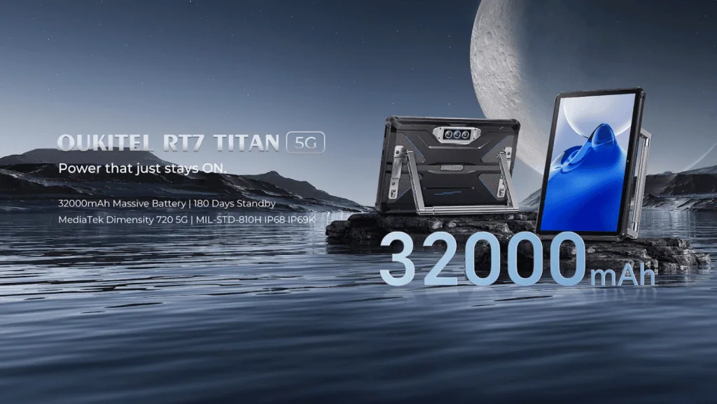Bateria de 32000mah do smartphone oukitel rt7 titan em ambiente futurista com a lua ao fundo.