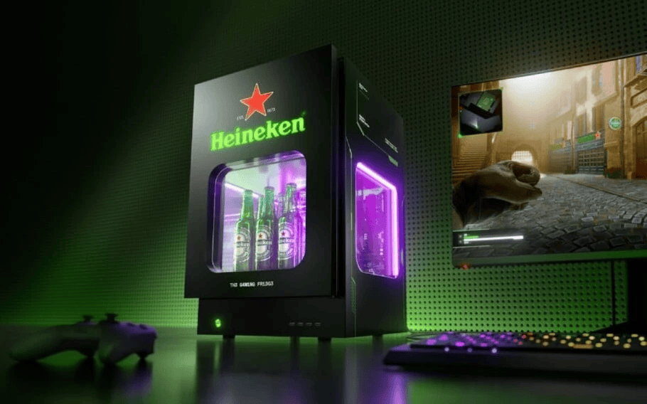 Heineken lança geladeira gamer capaz de gelar cerveja e resfriar o pc A geladeira gamer da heineken ainda não tem previsão de lançamento. Imagem: youtube