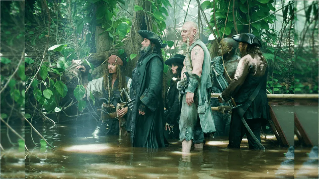 Conheça as 60 maiores bilheterias do cinema mundial Piratas de pirata do caribe em selva com barco e jacaré, cenas de aventura e fantasia.