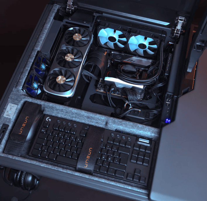 Conheça a base, mesa gamer dobrável com pc embutido Jogador usando base, mesa gamer dobrável