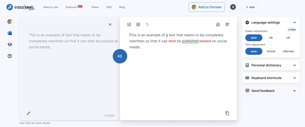 15 melhores ferramentas para reescrever texto Exemplo do instatext para reescrever texto
