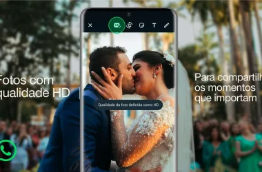 A imagem mostra um casal de noivos posando para uma foto que é tirada no aplicativo whatsapp. Na imagem também é possível ver a funçao de foto em hd do aplicativo.