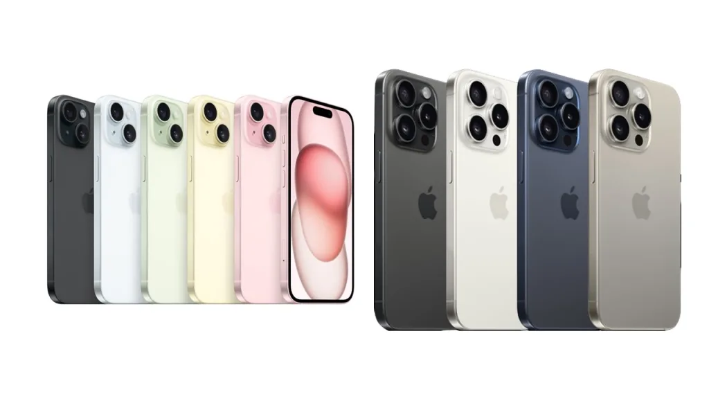 À esquerda, os modelos disponíveis do iphone 15 e iphone 15 plus, e à direita, os modelos disponíveis do iphone 15 pro e iphone 15 pro max