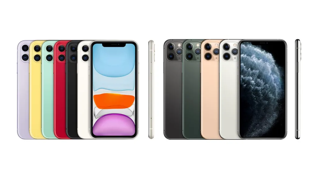 À esquerda, os modelos disponíveis do iphone 11 e, à direita, os modelos disponíveis do iphone pro e do iphone 11 pro max