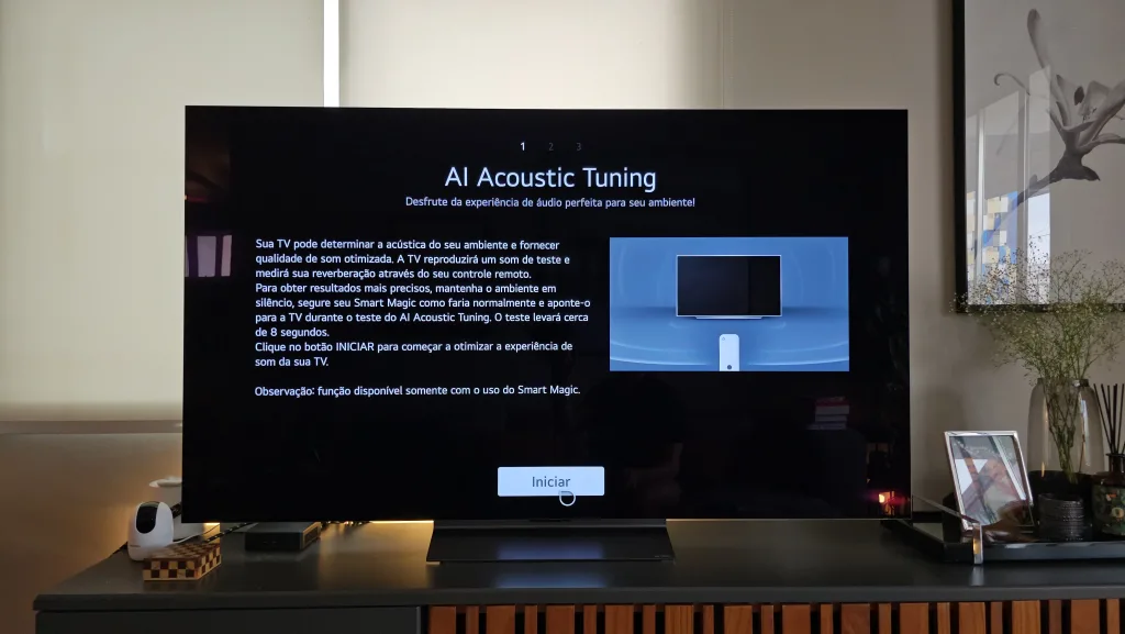 A qualquer momento você pode "calibrar a tv" para entender sua sala, usando o ai acoustic tunning