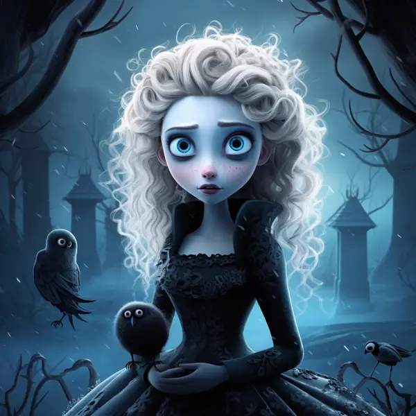Elsa usando um vestido escuro e no que parece ser um cemitério.