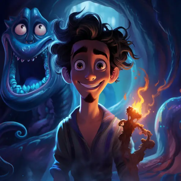 Aladdin, personagem clássico da disney, sorridente segura algo que está pegando fogo, enquanto uma cabeça gigante de gênio com a boca aberta flutua sobre seu ombro