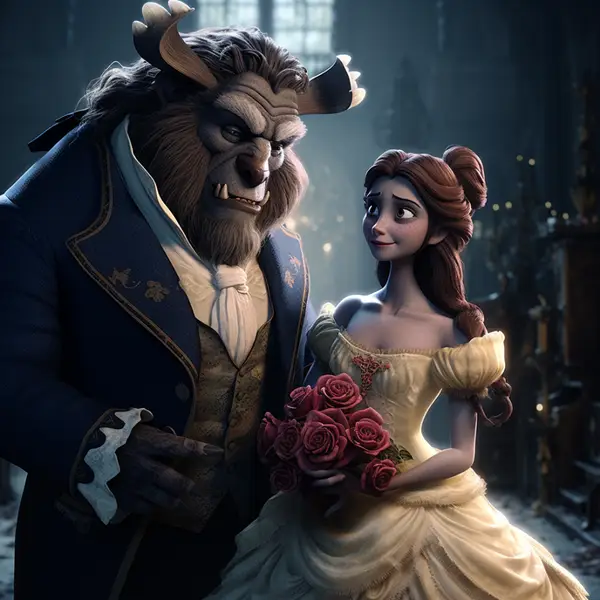 Os dois personagens principais vestidos com elegância, com belle segurando um buquê de rosas