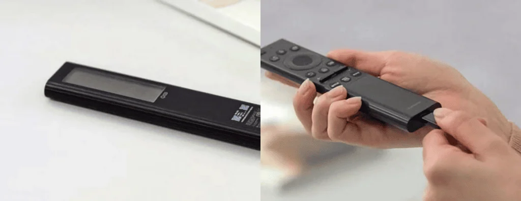 Conheça vantagens das smart tvs samsung de 2023 Se você procura uma solução ecológica, as smart tvs samsung contam com controles que carregam com luz (placa na imagem à esq. ) e com cabo usb-c (imagem: samsung/divulgação). //. ///