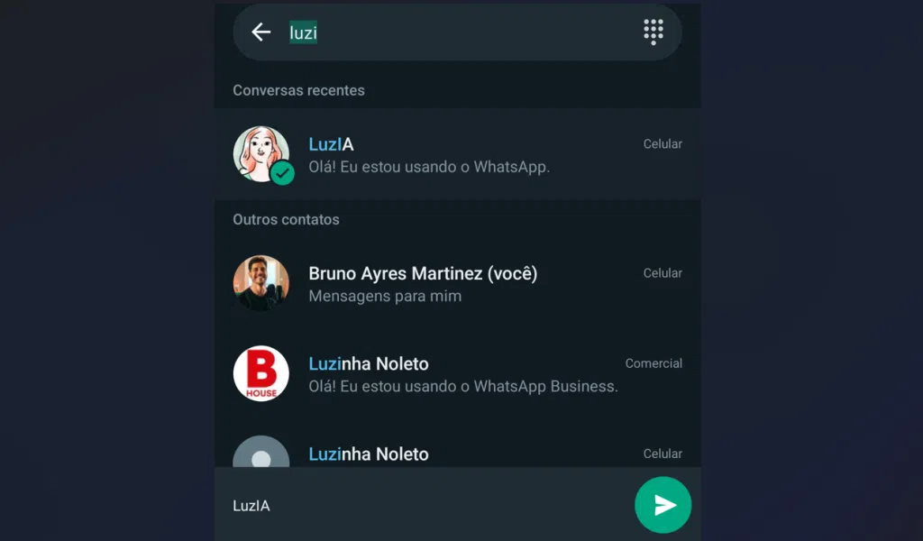 Ángulo de visão do whatsapp no celular com destaque para contatos e chat ativo.