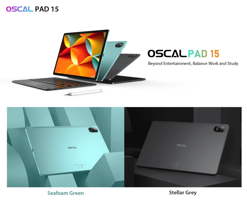 Oscal pad 15, tablet potente com 20h de bateria, é lançado! 1. Tablet oscal pad 15 com cores seafoam green e stellar grey, ultrafino e moderno.