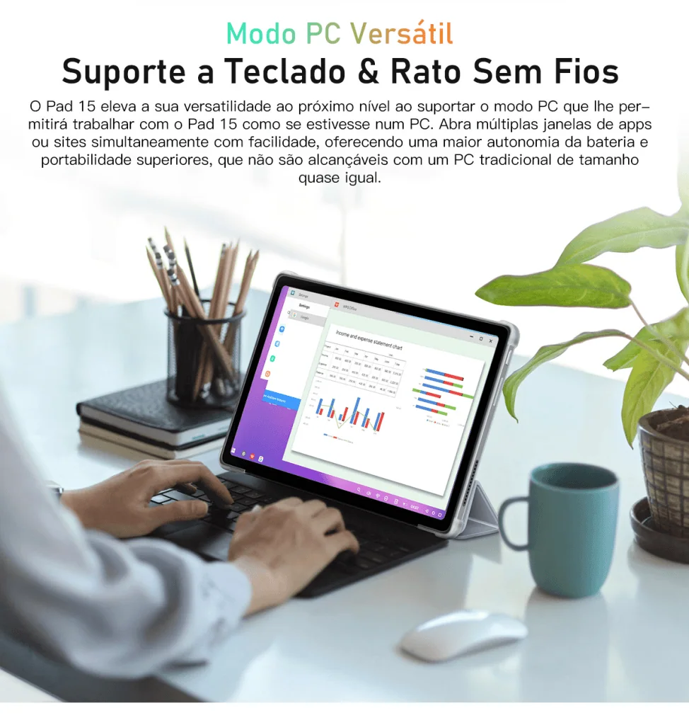 Oscal pad 15, tablet potente com 20h de bateria, é lançado! A versatilidade com o modo pc também é um grande atrativo. Imagem: oscal