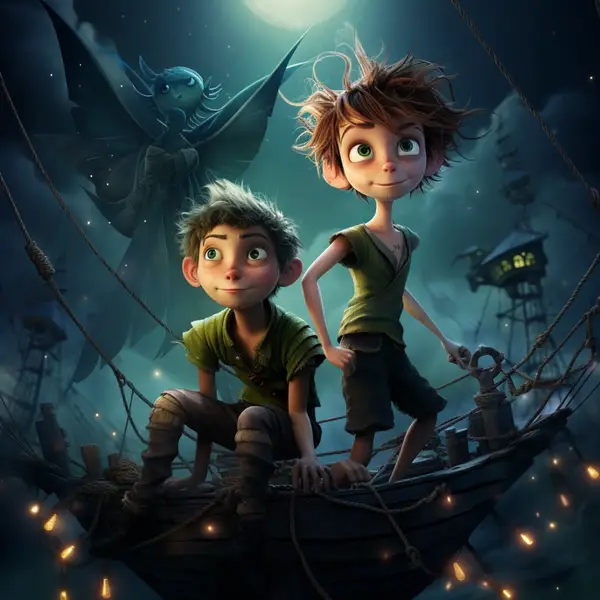 Peter e outro menino estão sentados em um barco com uma sininho gigante, maior que os dois meninos, pairando acima deles