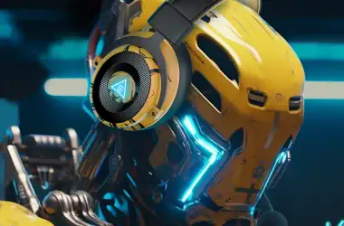 Fone de ouvido futurista com design de capacete amarelo com eletrônicos brilhantes e iluminação azul neon.