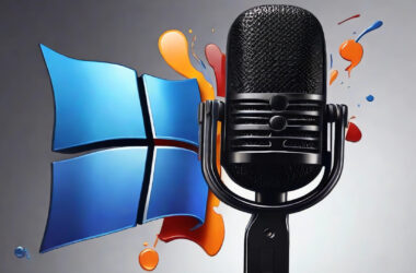 Microfone com logo do windows ao fundo, símbolo de tecnologia e comunicação digital.