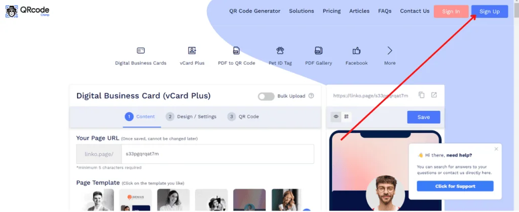 Como criar cartão de visitas digital com qr code Tela inicial do qr code chimp