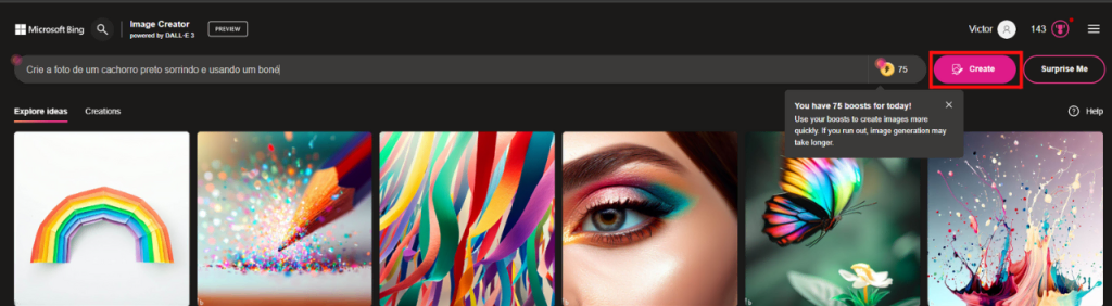 Como usar o dall-e 3 para criar imagens com inteligência artificial no bing Tela inicial do bing com dall-e 3
