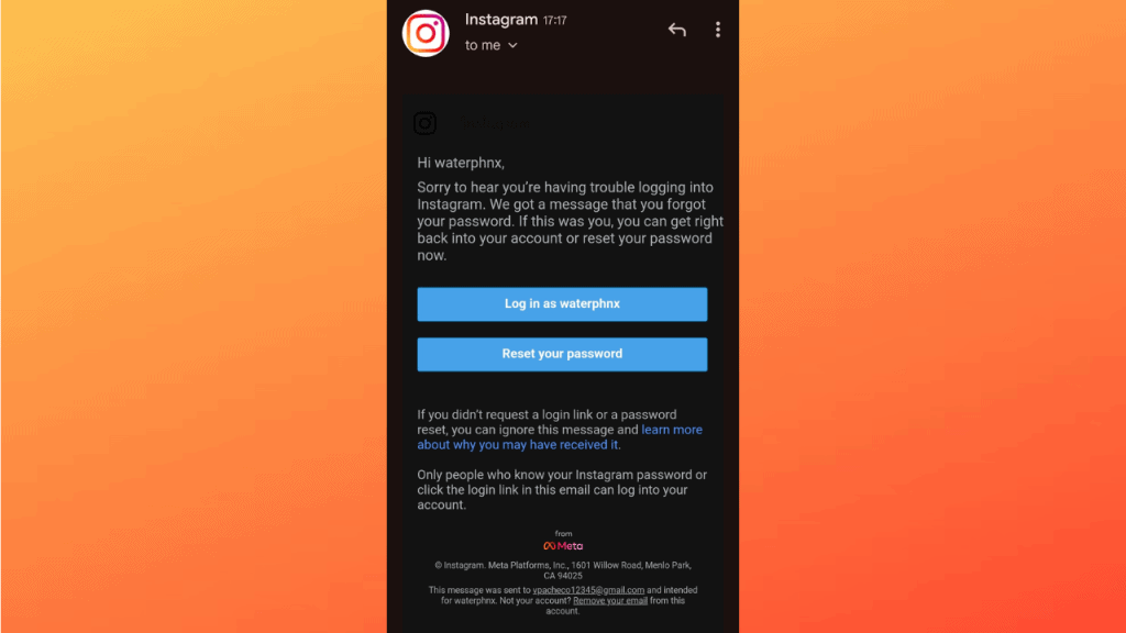 E-mail para troca de senha do instagram enviado pela meta