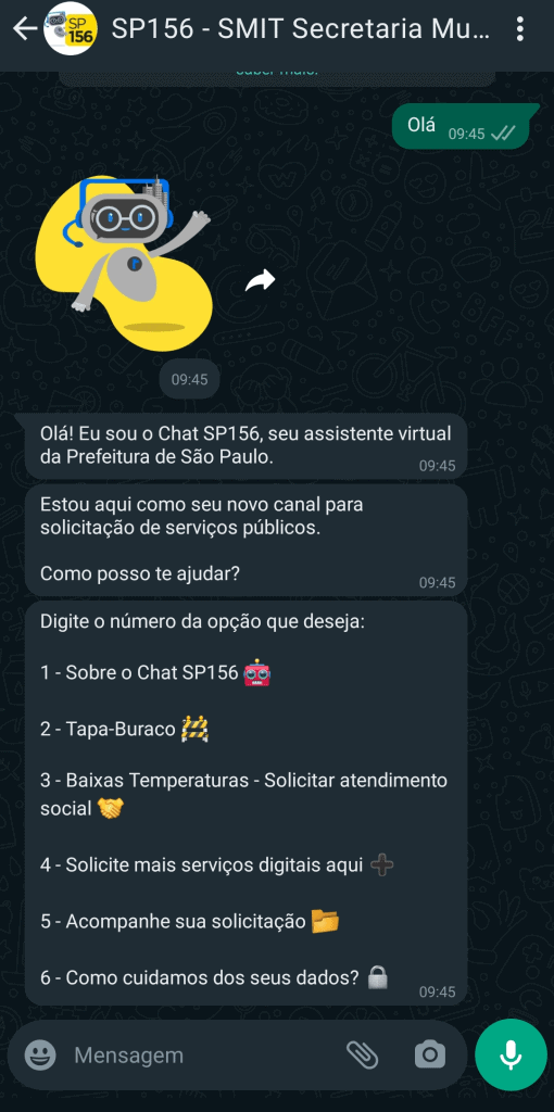 Prefeitura de sp lança serviço 156 no whatsapp Tela de atendimento do 156 no whatsapp em são paulo