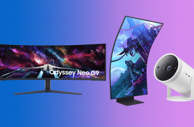 Monitor curvo odyssey neo g9, monitor vertical ultra-wide e câmera inteligente em destaque.